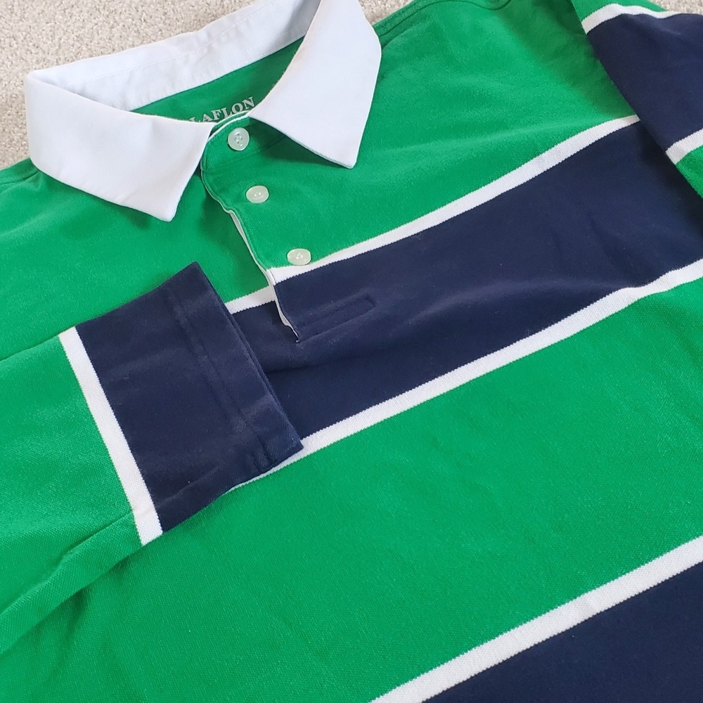 Ppolaflon Men's Striped Rugby Polo Shirt SZ Large Long Sleeve Blue Green Preppy